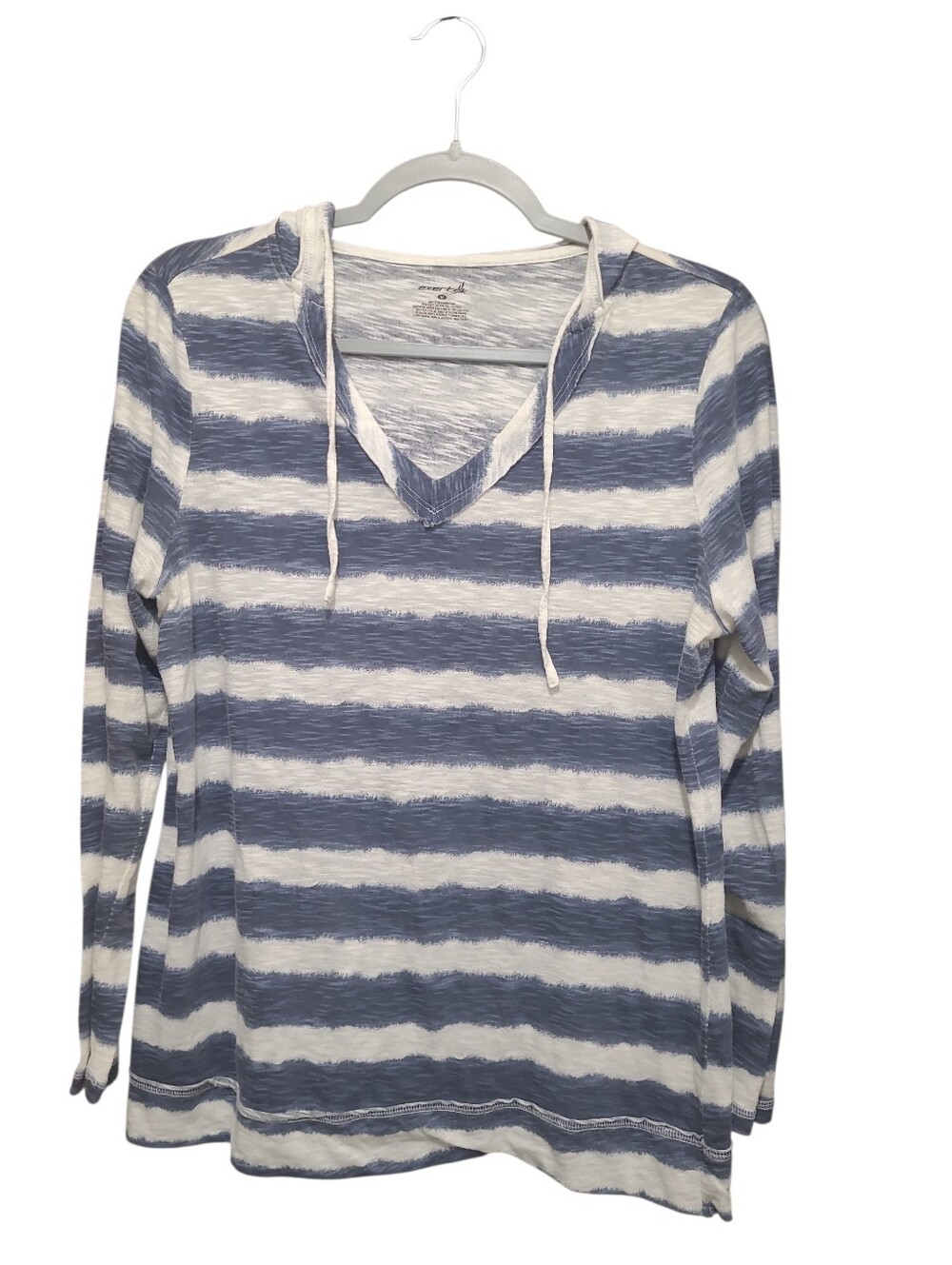 Blue and White Striped Hooded V-Neck Top